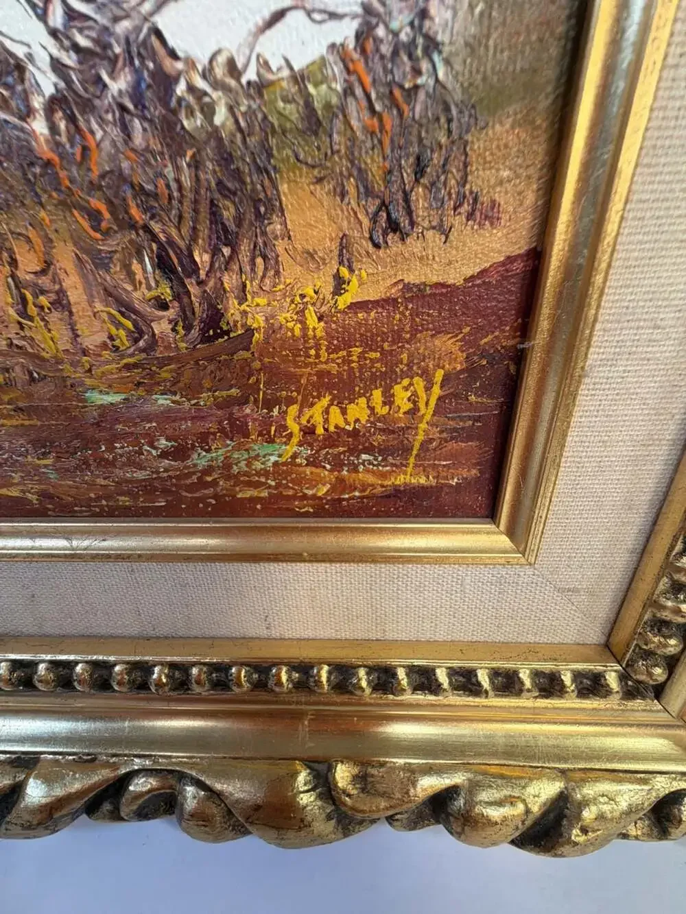 Vintage RC Stanley Western Cowboy Oil Painting on Canvas in Ornate Gold Frame
